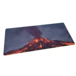 Large Volcano Gaming Desk Mat, immersive fiery volcanic design with molten lava, dramatic landscapes from multiple angles.
