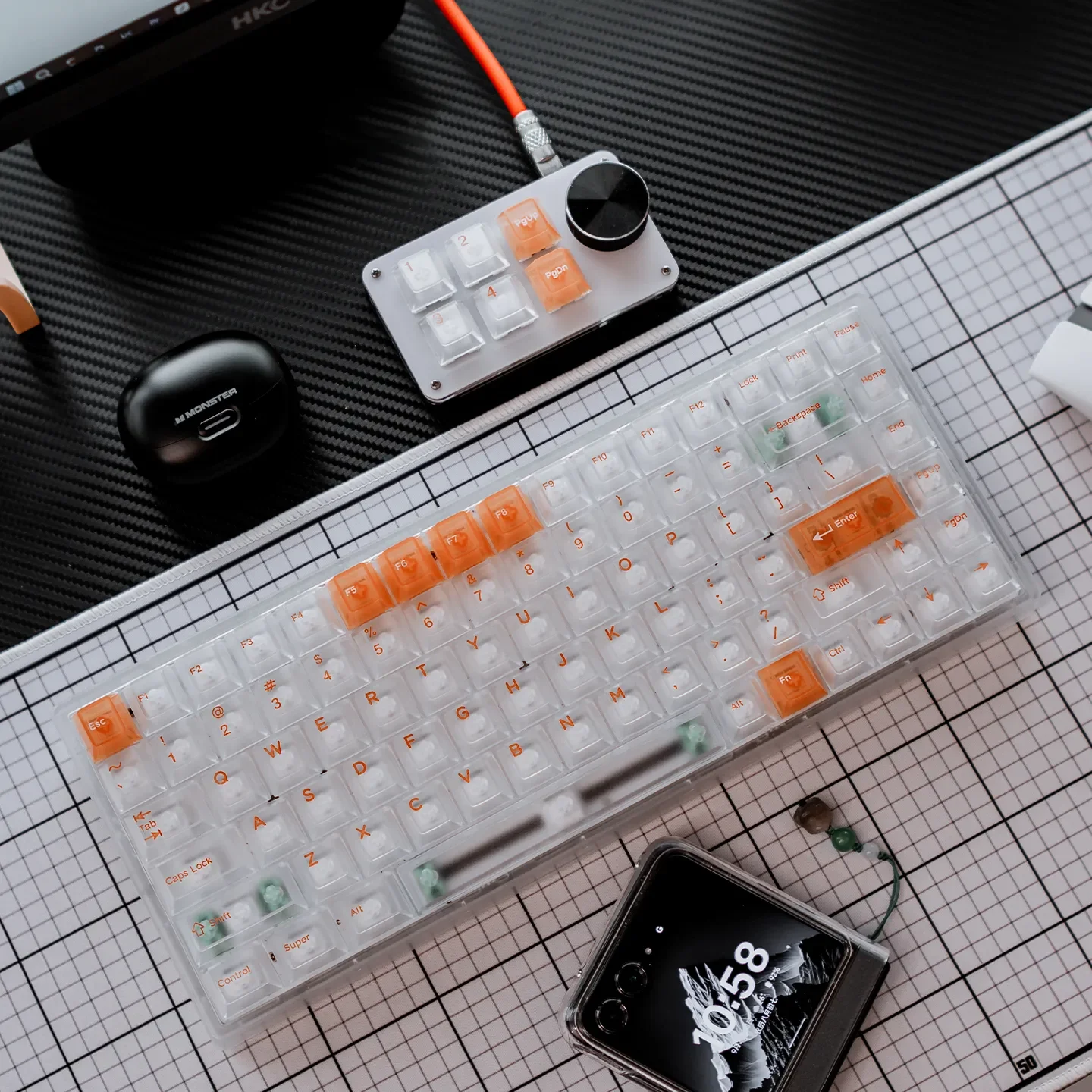 White Orange Mist Cherry Keycap Set, artfully displayed from multiple angles, highlighting the white and orange aesthetic.