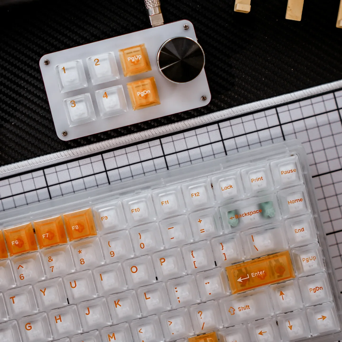 Gallery of White Orange Mist Cherry Keycap Setin a dreamy white and orange aesthetic, shown from multiple artistic angles.