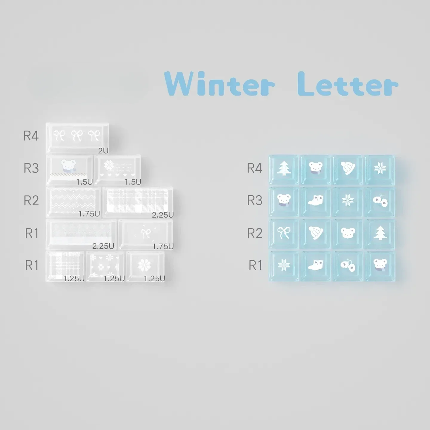Winter Letter Keycaps Set: Unique PBT+PC dye-sublimation set featuring a tranquil soft blue and white design. Artistic, durable custom mechanical keyboard.