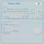 Winter Letter Keycaps set on display, featuring unique soft blue and white dye-sublimated PBT+PC keys. Captures a tranquil, artistic winter design.