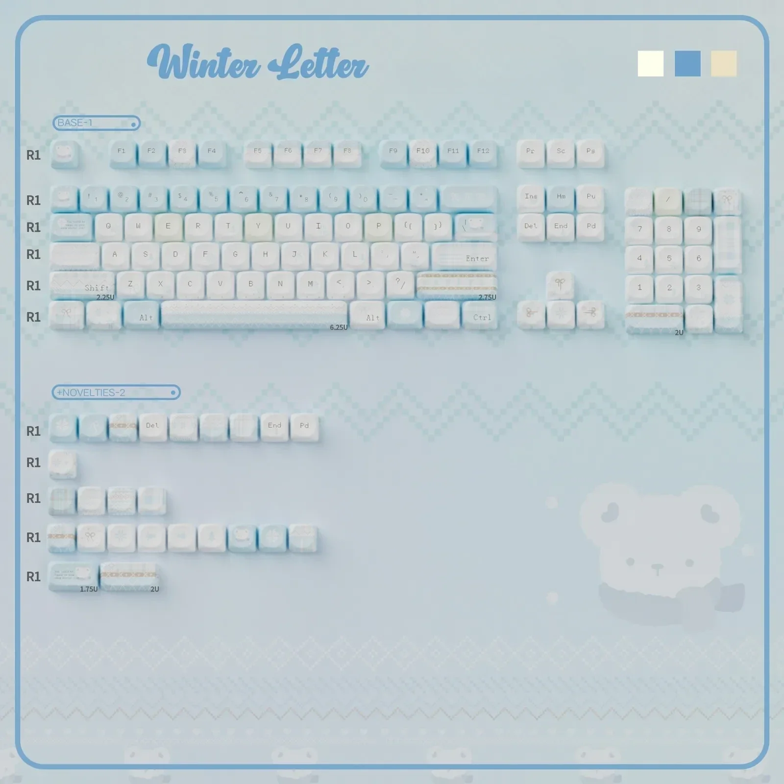 Winter Letter Keycaps set on display, featuring unique soft blue and white dye-sublimated PBT+PC keys. Captures a tranquil, artistic winter design.