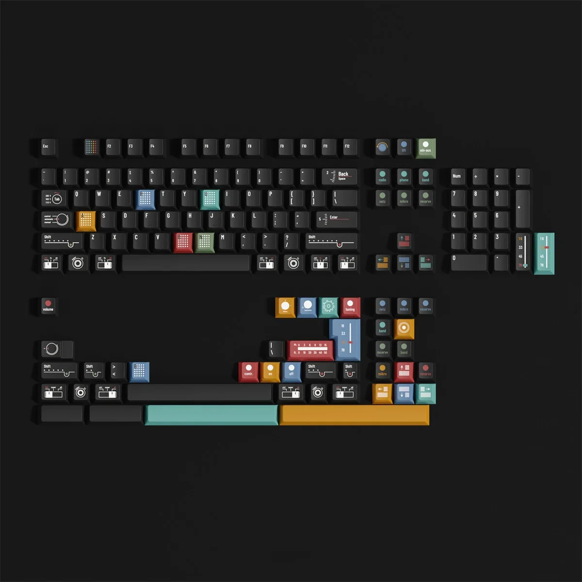 Braun-inspired PBT Wooting keycaps set, Ag1921 series, shown from various angles, highlighting their sleek minimalist design, dark tones, and precise legend design.