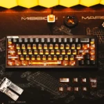 X-Era Dream Boundary Keycap Set featuring front-engraved, translucent PC keys with glowing orange sci-fi accents for immersive play.