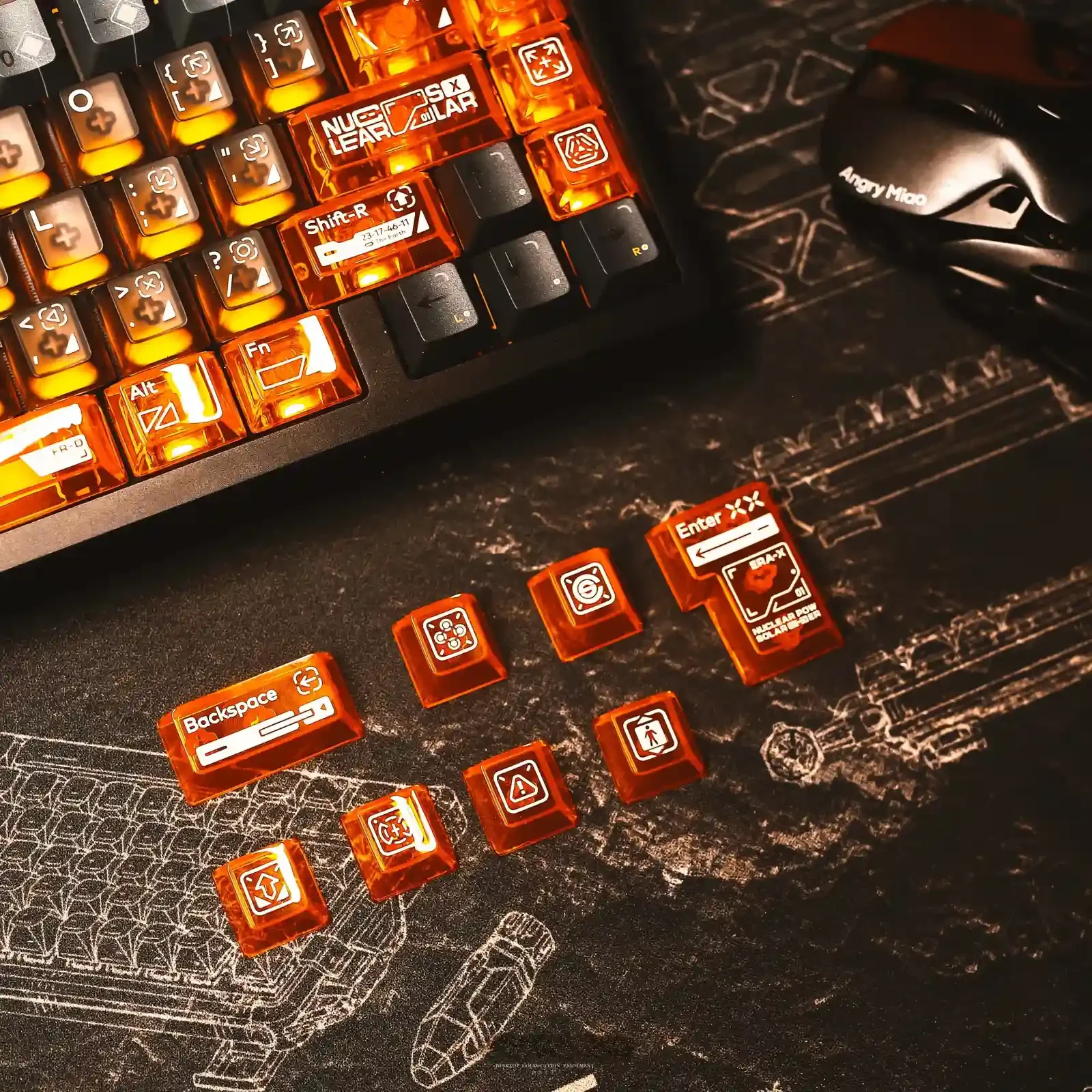 X-Era Dream Boundary Keycap Set gallery, revealing front-engraved translucent PC keycaps with immersive sci-fi orange illumination.