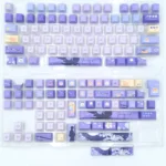 Xavier Keycap Set, featuring character-inspired minimalist side-engraved legends and vibrant accents shown from various angles.