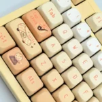 Exclusive Xia Yan Tears of Themis PBT keycaps set with sophisticated character art and cool-toned elegance, shown from multiple angles.