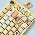 Exclusive Xia Yan Tears of Themis PBT keycaps, showcasing sophisticated character art and cool-toned detective motifs from multiple angles.