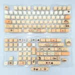 Detailed view of exclusive Xia Yan Tears of Themis PBT keycaps set, highlighting intricate character art and premium PBT quality from various angles.