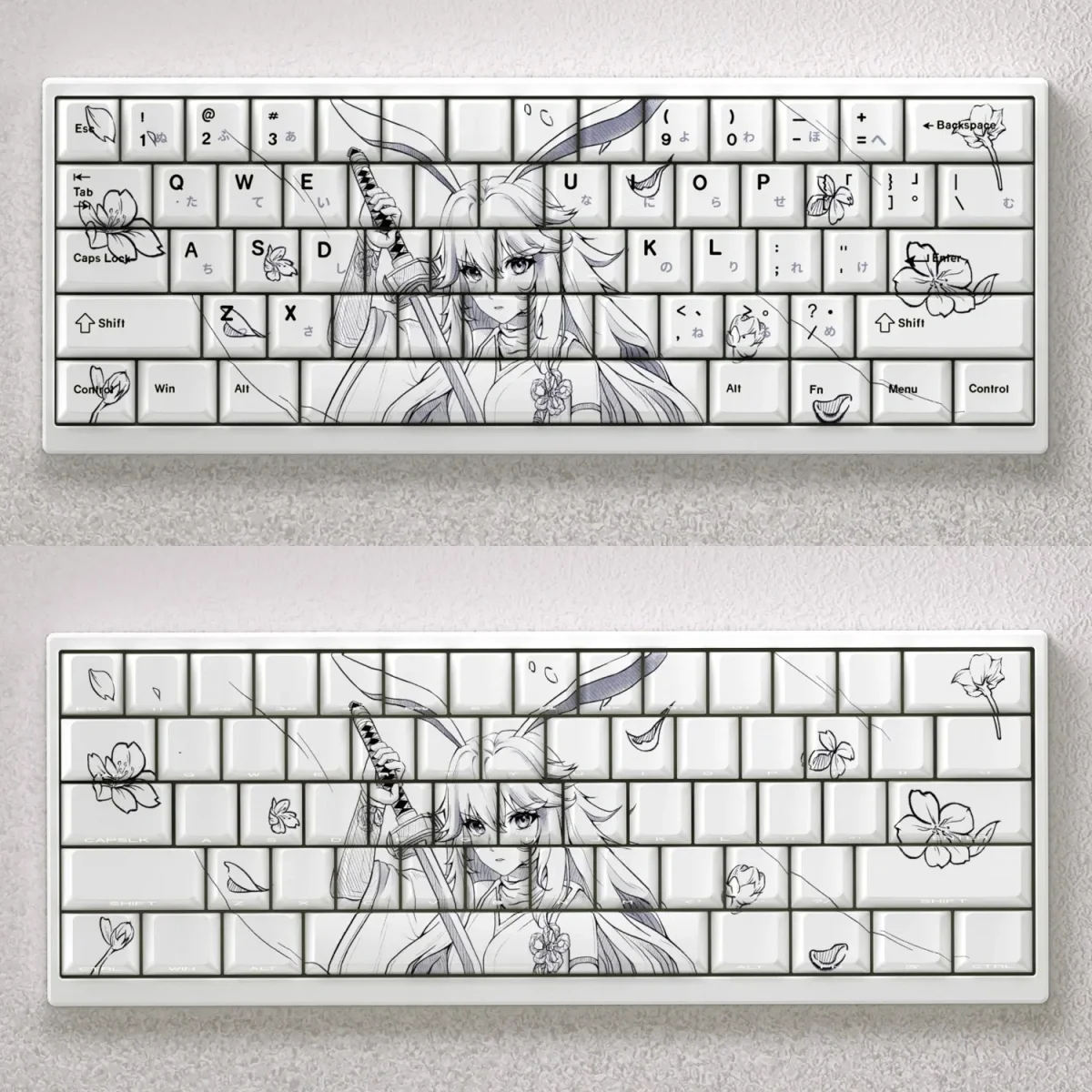 Exquisite Yae Sakura PBT keycaps set with Cherry profile, showcasing delicate pink blossoms for a serene keyboard garden aesthetic.