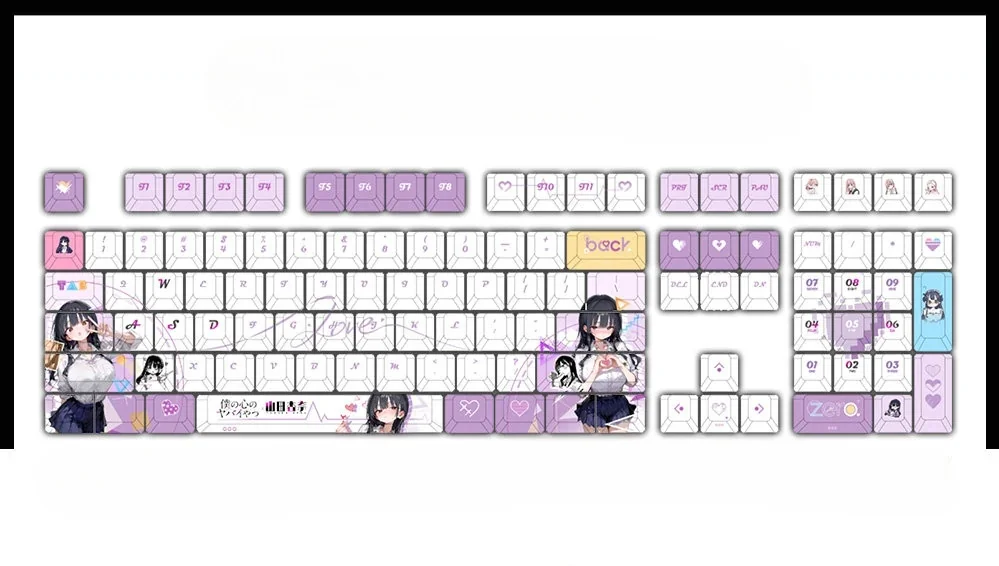 Exclusive Yamada Anna Dangers in My Heart PBT keycaps set, showcasing vibrant anime character art from various angles for playful desktop personalization.
