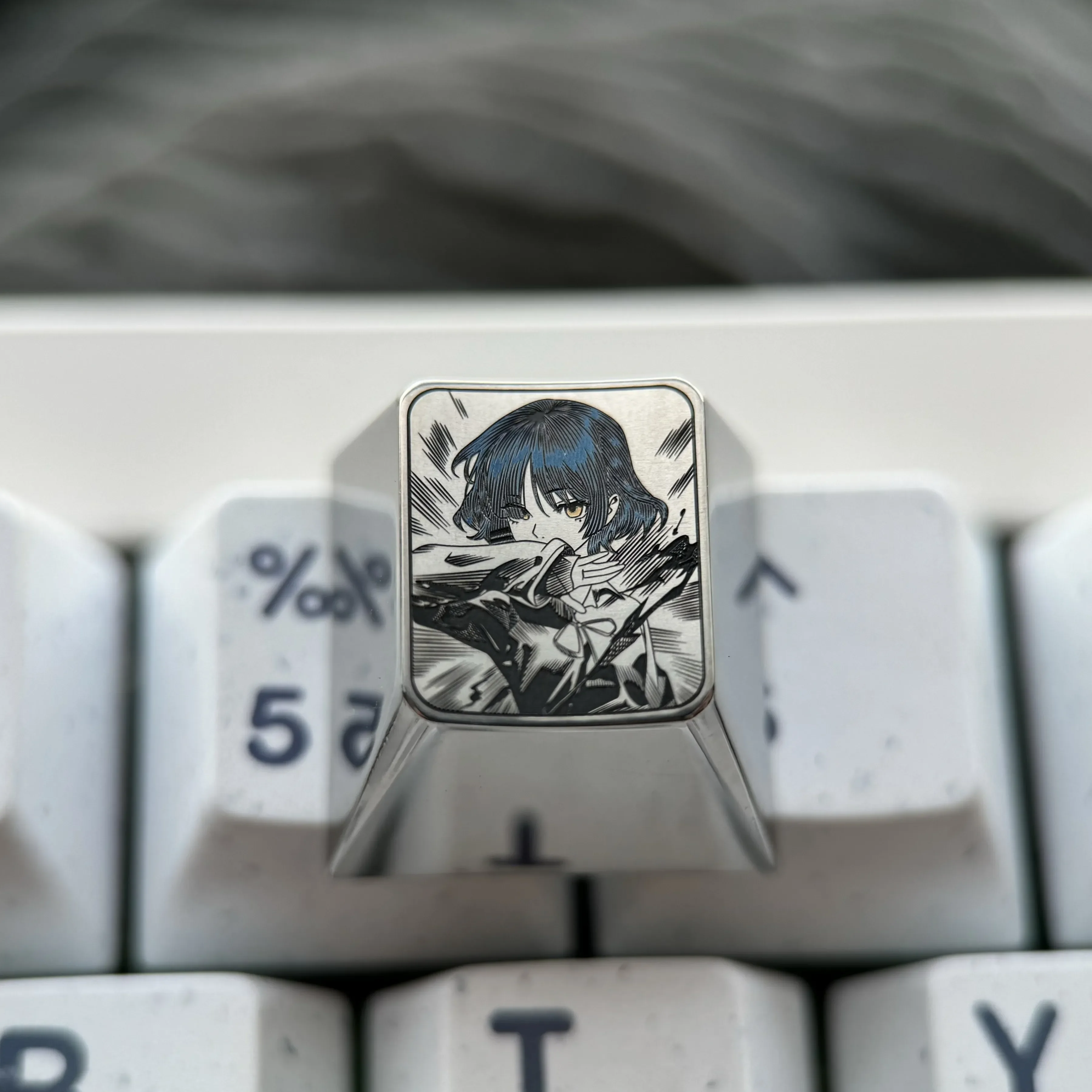 Stunning Ryo Yamada titanium ESC keycap for Bocchi the Rock!, featuring vibrant, precision-engraved anime art on its durable surface.