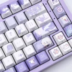 Ye Xuan side-engraved PBT keycaps art set, showcasing romantic character designs and elegant game aesthetics from various angles.