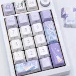 Close-up views of the exclusive Ye Xuan side-engraved PBT art keycap set, showcasing intricate romantic character art from various elegant angles.