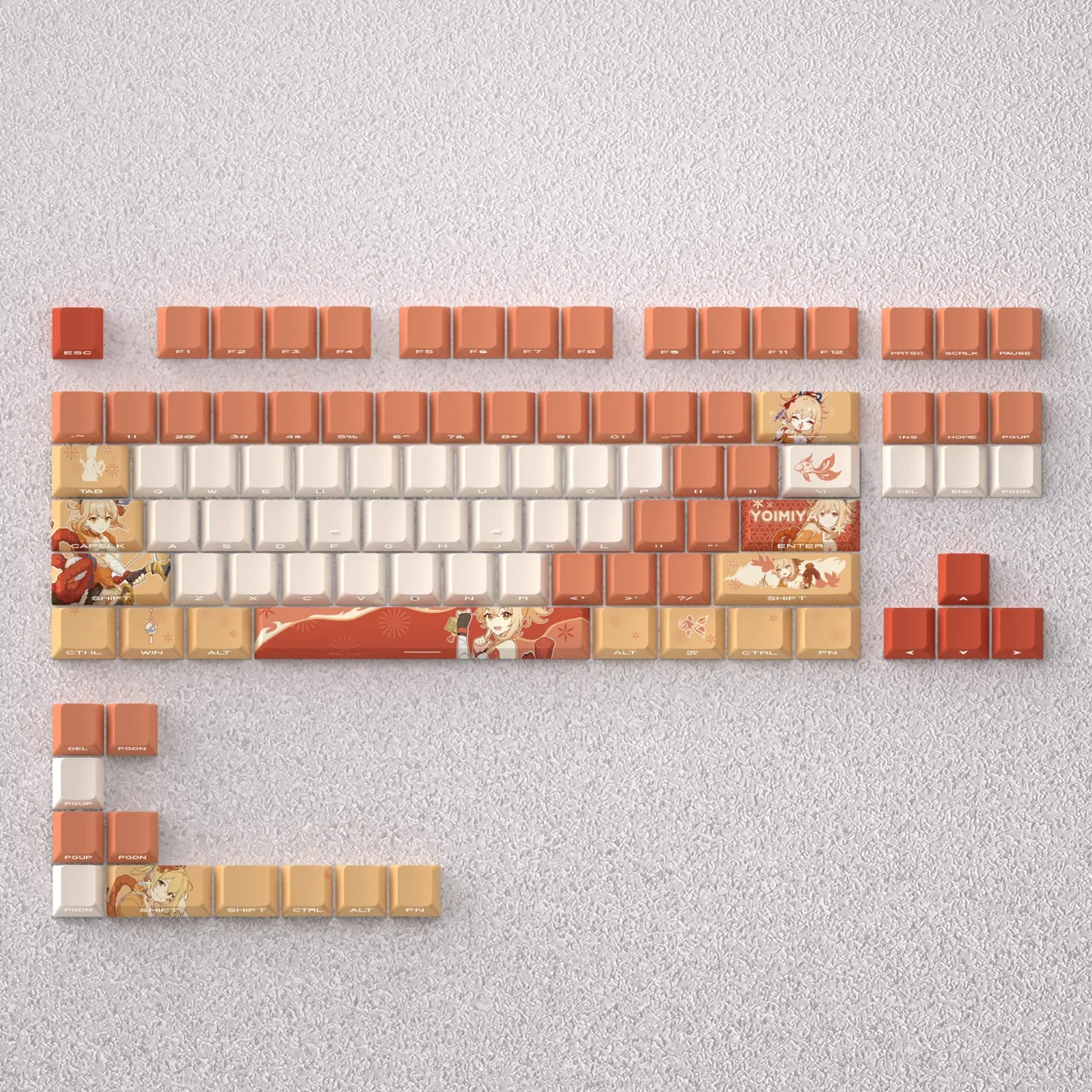 Exclusive Genshin Impact Yoimiya PBT keycaps set, showcasing her fiery spirit and vibrant anime design with playful fireworks motifs.