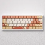 Vibrant Genshin Impact Yoimiya PBT keycaps set displayed from multiple angles, showcasing fiery spirit and exclusive anime design.