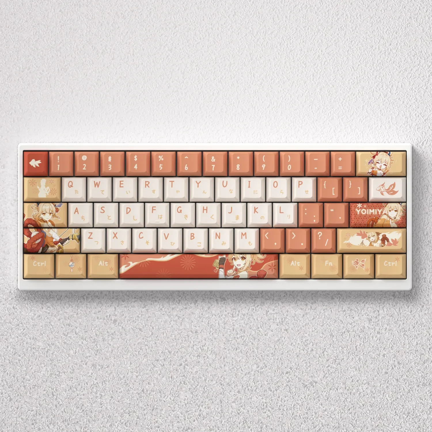 Vibrant Genshin Impact Yoimiya PBT keycaps set displayed from multiple angles, showcasing fiery spirit and exclusive anime design.