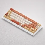 Vibrant Yoimiya Keycaps set for Genshin Impact. See this exclusive PBT custom keycap collection from multiple angles, highlighting fiery anime design.