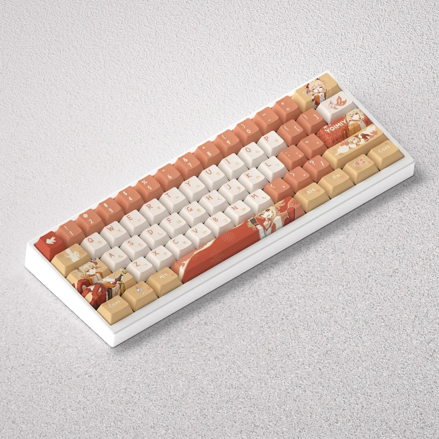 Fiery Spirit Yoimiya Keycap Set gallery, highlighting exclusive Genshin Impact PBT designs, vibrant colors, and playful character art from all angles.