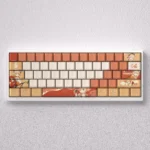 Showcasing the exclusive Fiery Spirit Yoimiya PBT keycaps set from different angles, highlighting vibrant Genshin Impact art and custom design.