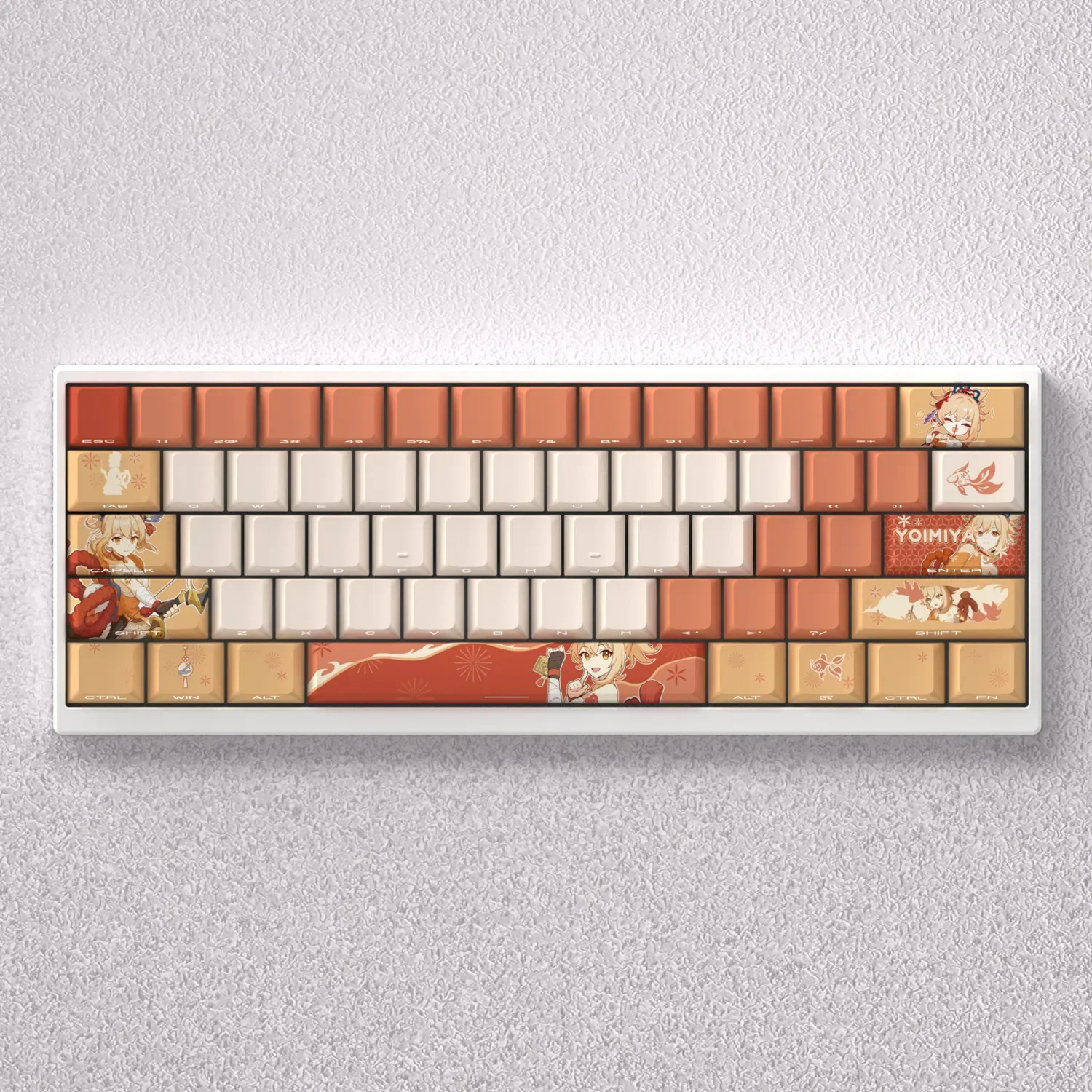 Showcasing the exclusive Fiery Spirit Yoimiya PBT keycaps set from different angles, highlighting vibrant Genshin Impact art and custom design.