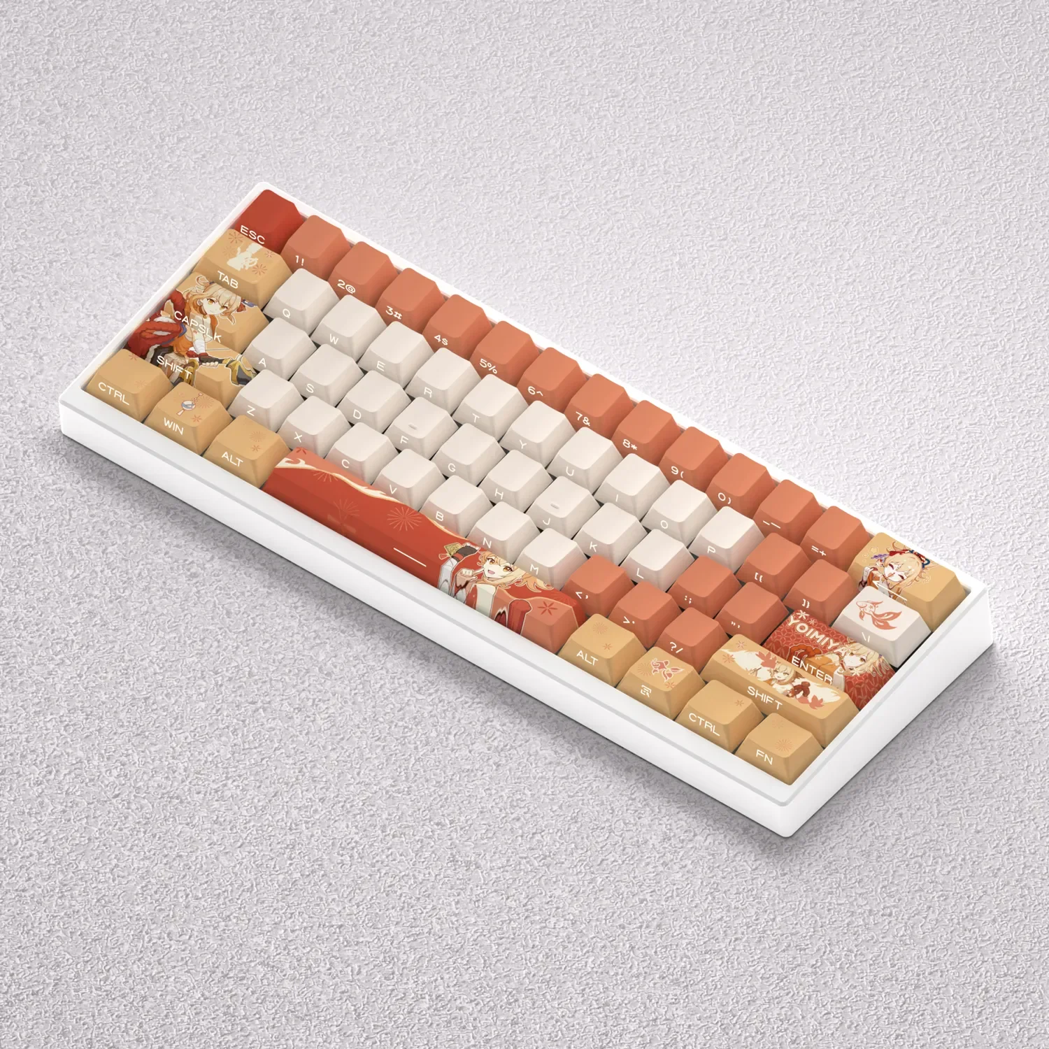 Vibrant Genshin Impact Yoimiya PBT Keycaps set, showcasing playful custom designs and fiery anime motifs from various angles.
