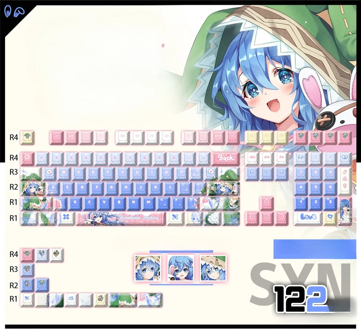 Vibrant Yoshino Keycaps Set from Date A Live, showing the iconic PBT backlit set from multiple playful angles with icy blue and green tones.