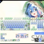 Showcase the iconic Yoshino Himekawa PBT backlit keycap set from various playful angles, featuring vibrant icy blue and green Date A Live anime art.