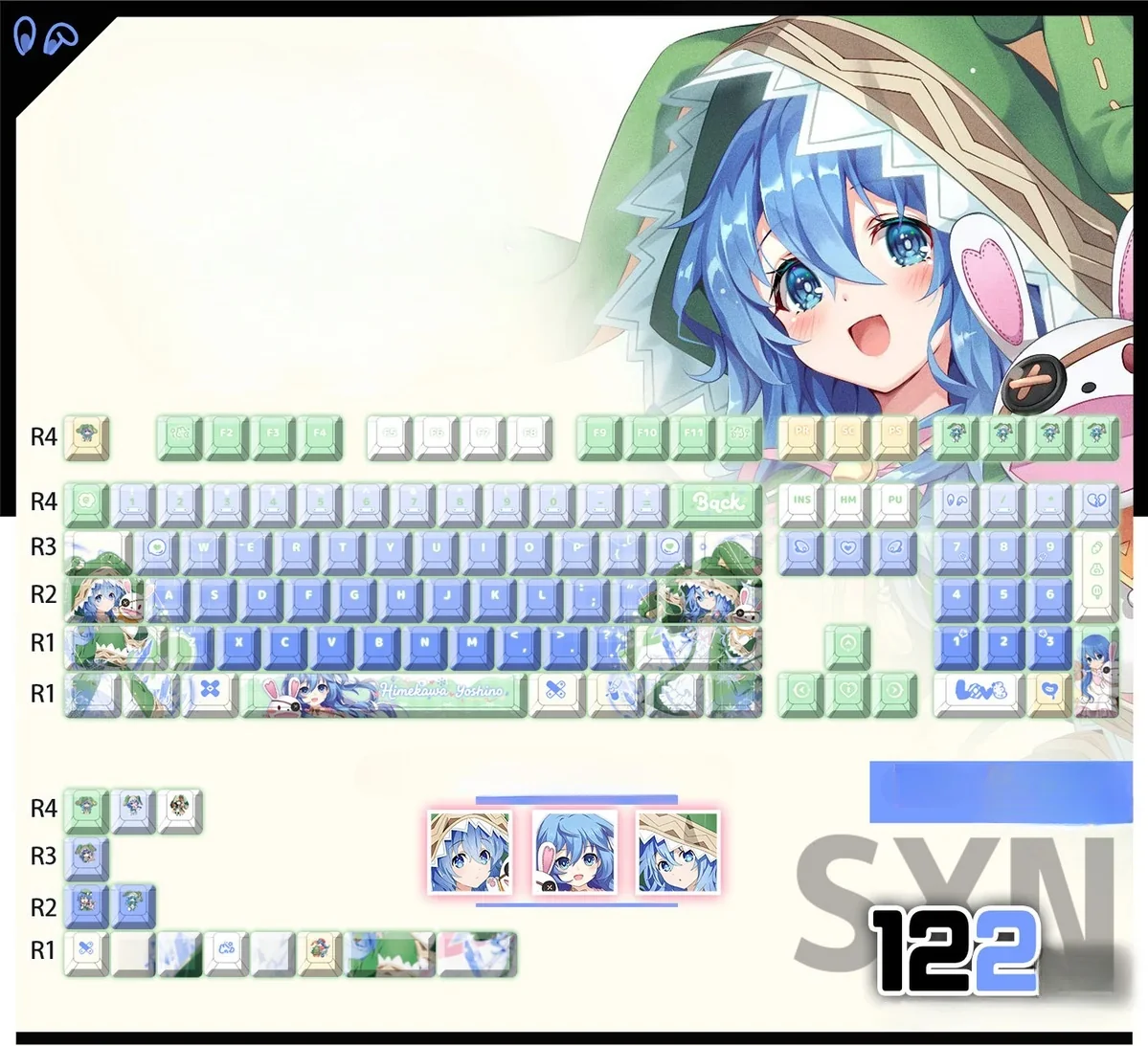 Showcase the iconic Yoshino Himekawa PBT backlit keycap set from various playful angles, featuring vibrant icy blue and green Date A Live anime art.
