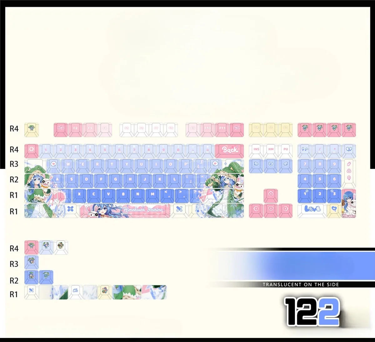 Playful Yoshino Keycaps set: Date A Live PBT backlit set, showcasing iconic Himekawa art and vibrant icy blue-green tones from multiple angles.