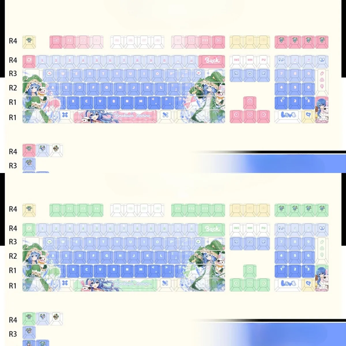 Vibrant Yoshino Keycaps set from the Iconic Date A Live PBT Backlit Set, showcasing playful Yoshino Himekawa art with stunning icy blue and green tones.