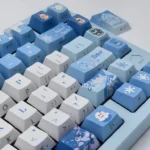 Detailed gallery views of the exclusive Zayne double-shot PBT keycaps set, highlighting elegant side-engraved legends and character-inspired design.