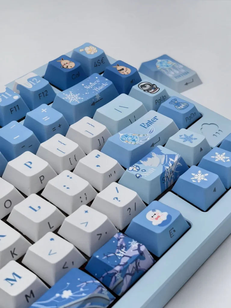 Detailed gallery views of the exclusive Zayne double-shot PBT keycaps set, highlighting elegant side-engraved legends and character-inspired design.