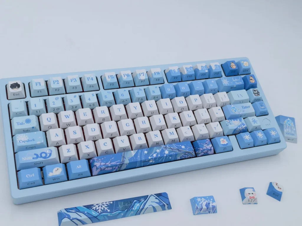 Explore the exclusive Zayne double-shot PBT keycaps set in a detailed gallery, revealing their elegant side-engraved legends and premium texture.