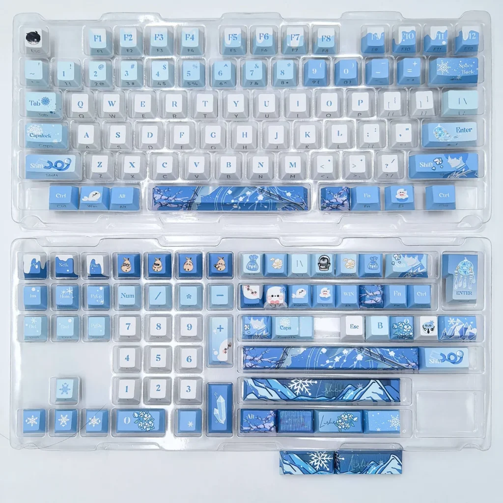 Zayne Keycaps Set product gallery showcasing the elegant double-shot PBT set from various angles, emphasizing the clean side-engraved legends and character design.