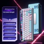 The AMG65 Pink Meow smart display wireless mechanical keyboard, showcasing its whimsical pastel pink aesthetic and interactive customizable dot matrix.