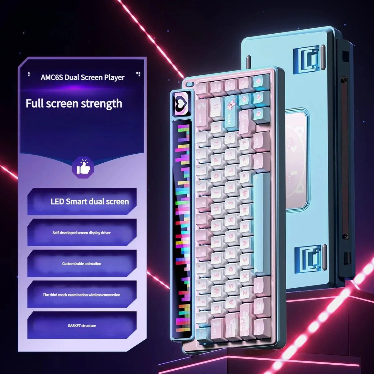 Pink Meow wireless mechanical keyboard featuring a customizable dot matrix screen, vibrant RGB, and triple-mode connectivity.