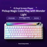 AMG65 Smart Screen Tri-Mode Mechanical Keyboard in sleek white contour, featuring premium glazed switches and dynamic audio pickup RGB lighting.