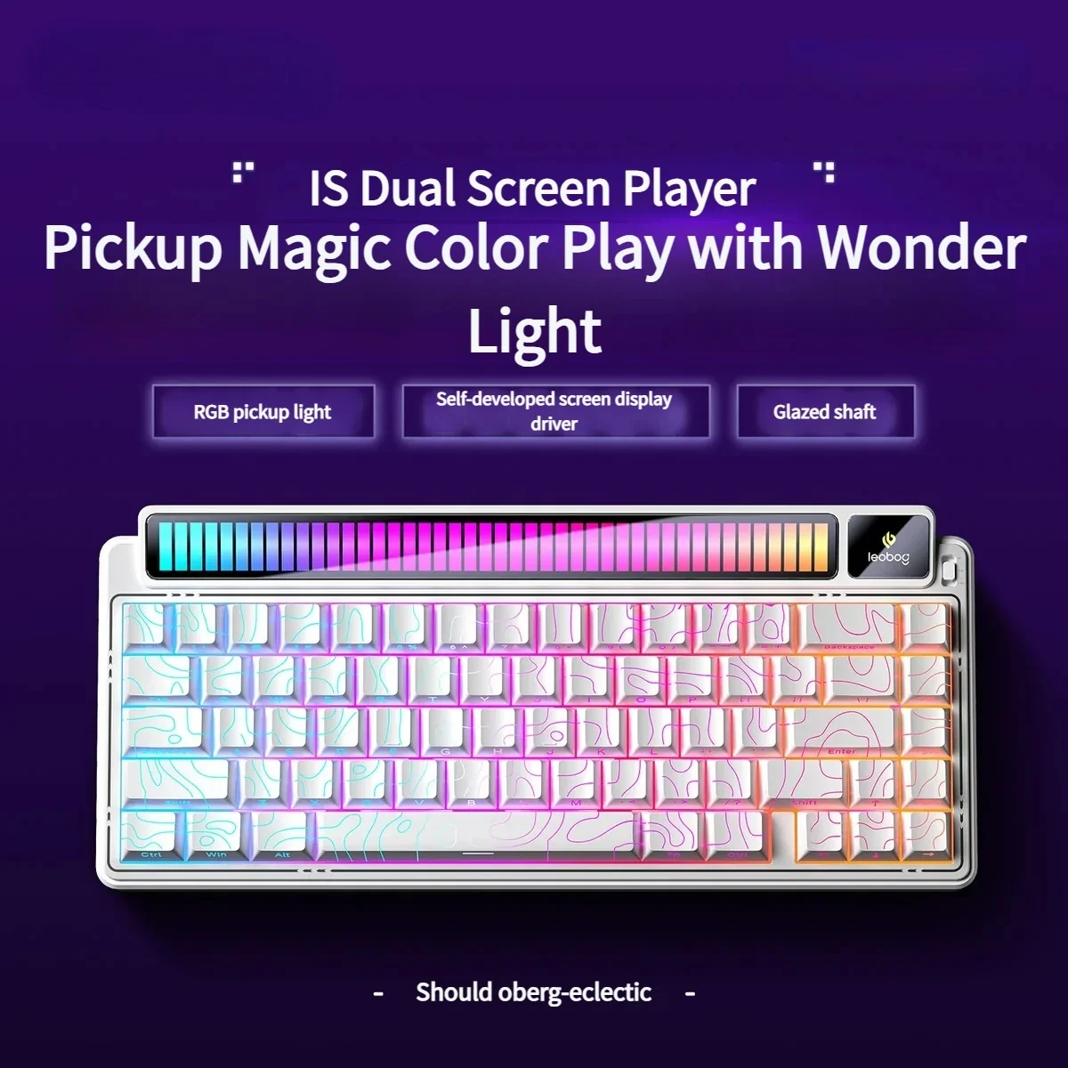 AMG65 Smart Screen Tri-Mode Mechanical Keyboard in sleek white contour, featuring premium glazed switches and dynamic audio pickup RGB lighting.