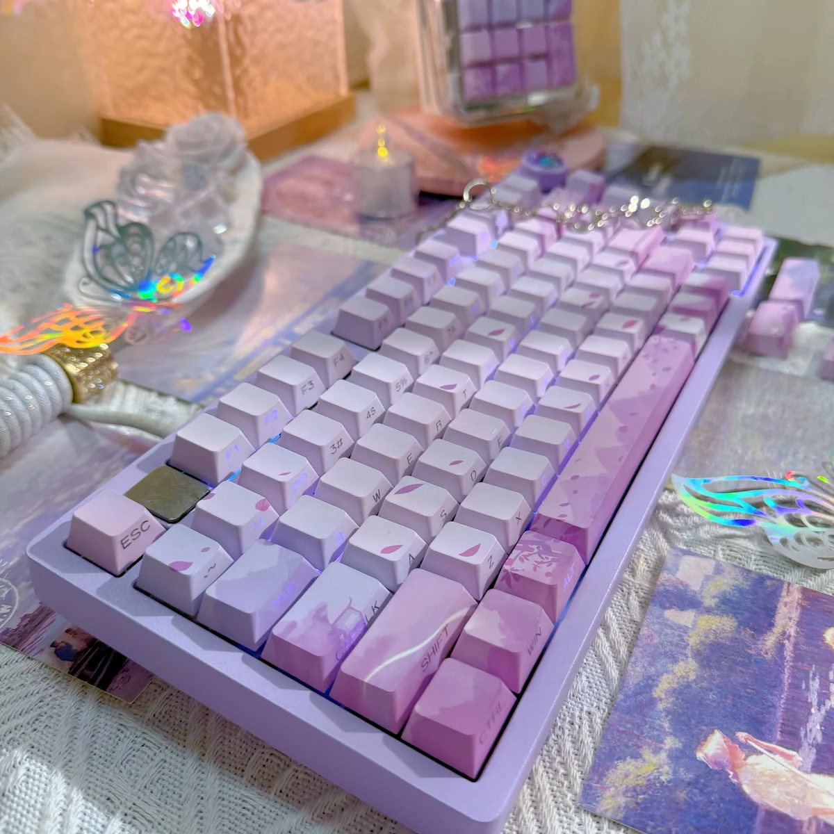 Ancient Purple Mist Keycaps Set from various angles, revealing the exquisite Chinese purple mist design with ethereal clouds and serene night aesthetics.