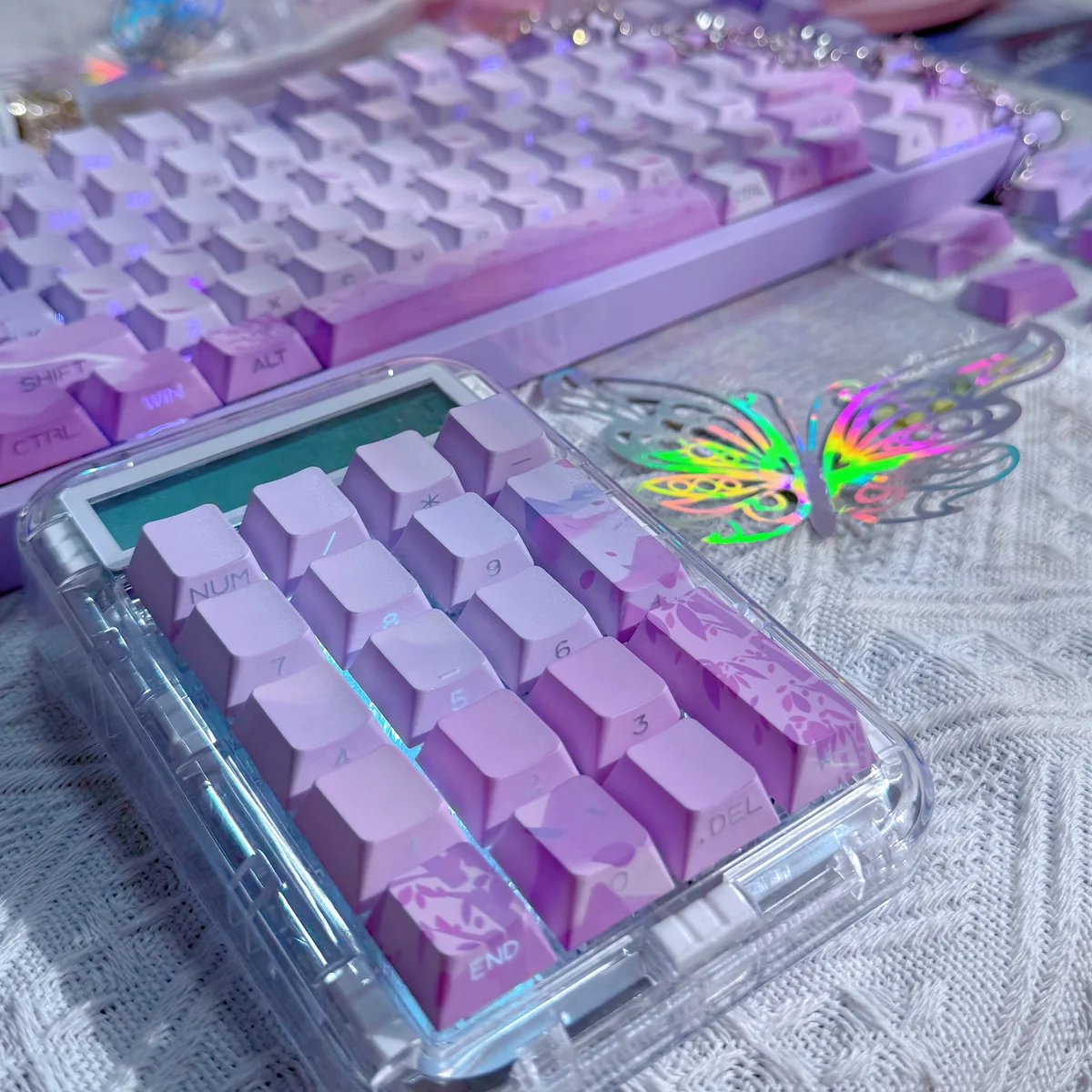Exquisite Ancient Purple Keycaps Set featuring an ethereal Ancient Chinese purple mist design. Intricate details capture a serene night landscape with mystical design.