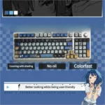 A vibrant side view of the Anna Yanami translucent RGB anime keycaps set, revealing playful character art and the mesmerizing illuminated glow.