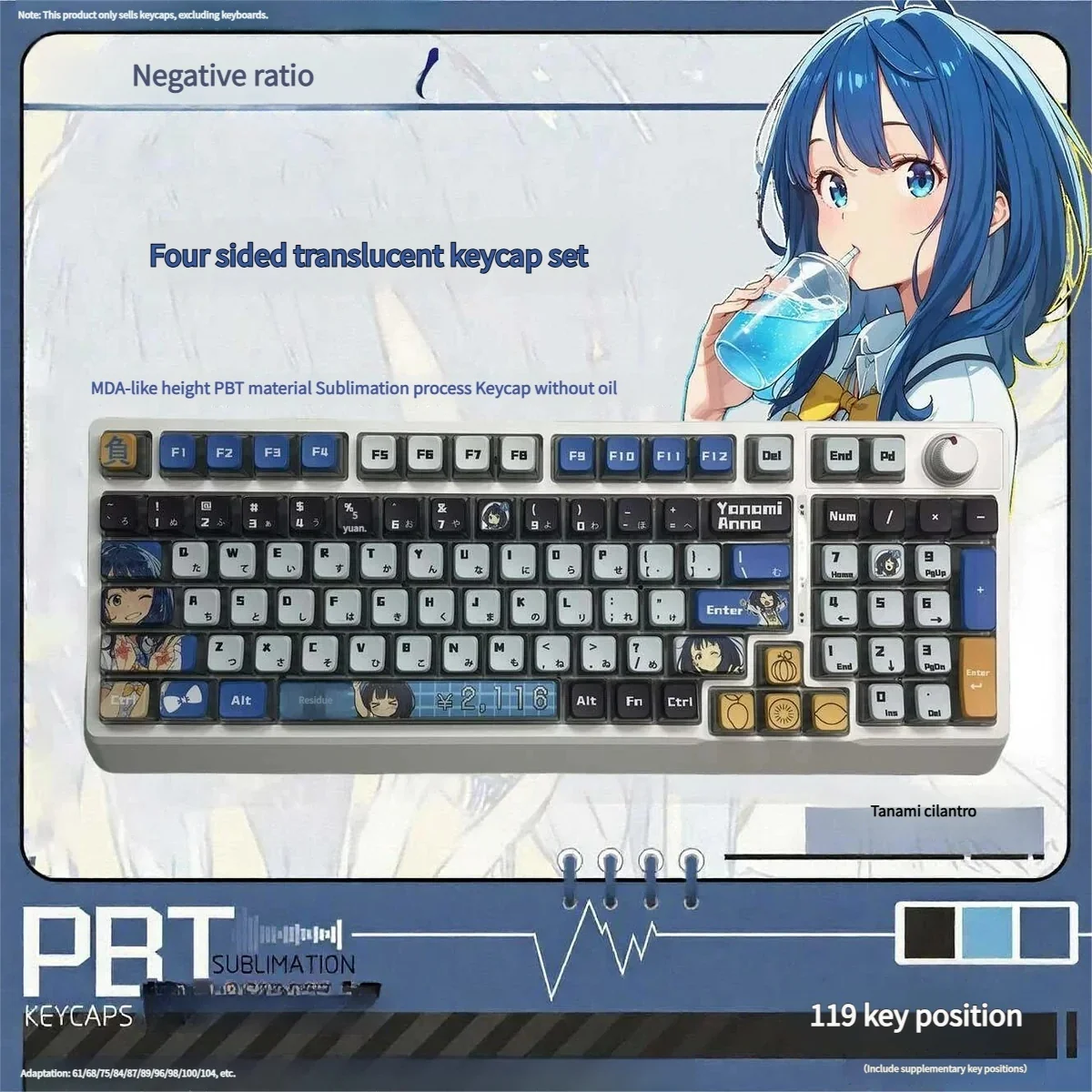 Anna Yanami translucent RGB full keycap set, showcasing vibrant anime art for a playful, illuminated personalized setup.