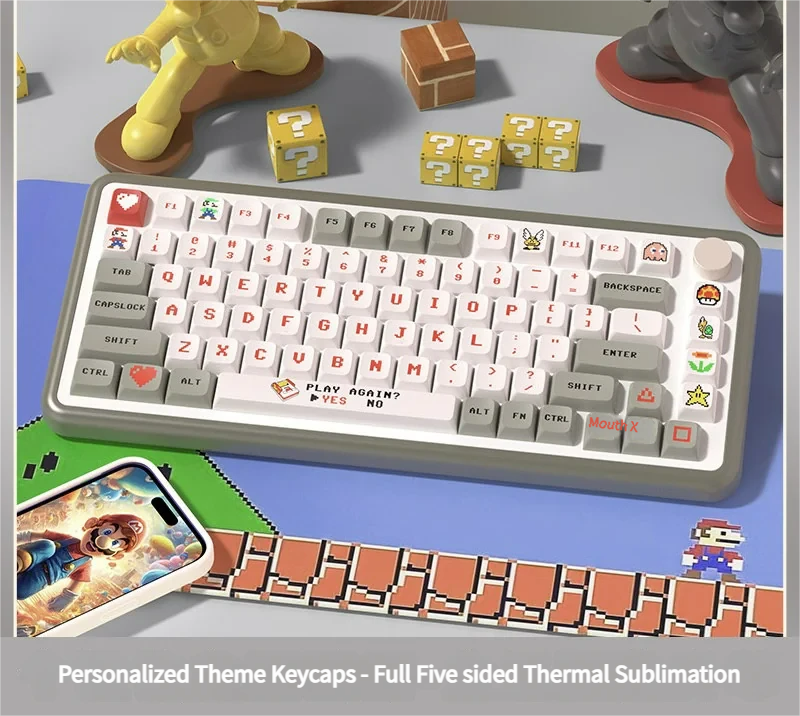 Vibrant Mario Arcade PBT dye-sub keycaps set, featuring iconic pixel art characters and arcade elements from multiple angles, ideal for a playful custom design.