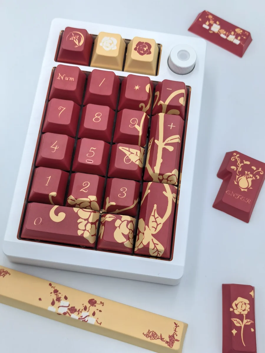 Close-up of a premium Argenti Honkai Star Rail keycap set, highlighting the elegant rose and cosmic knightly motifs in exquisite detail.