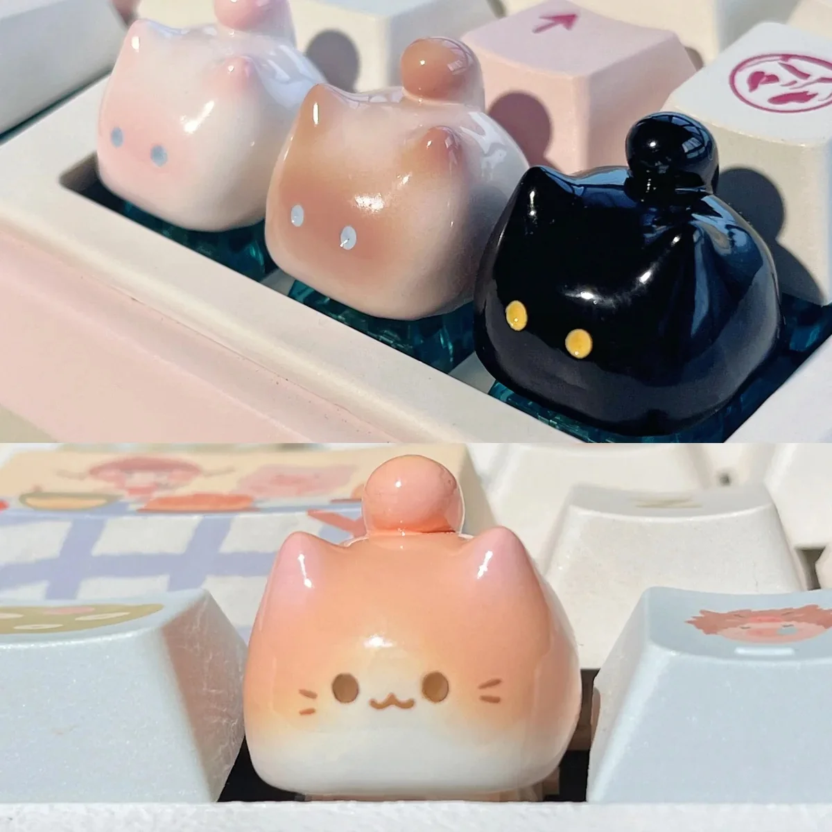 An adorable, whimsical artisan cat keycap, uniquely handcrafted to feature an expressive cat character, enhancing your desk with premium artistry.