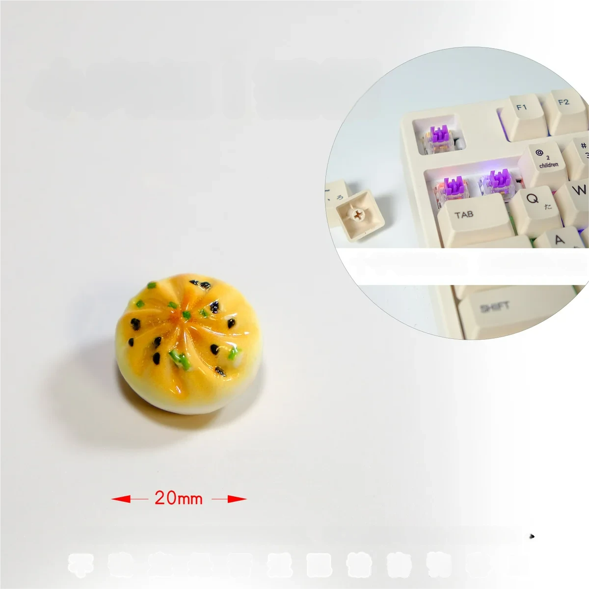 Handmade Pan-Fried Bun Keycap displayed from various angles, highlighting its realistic golden-brown pan-fried bun texture and charming design.