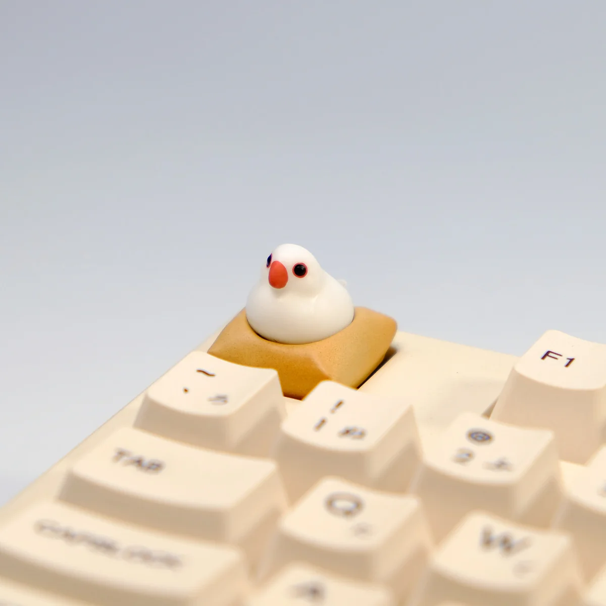 Exquisite handcrafted 3D artisan Java Sparrow keycap, showcasing its intricate miniature scene and charming bird detail from a captivating angle.