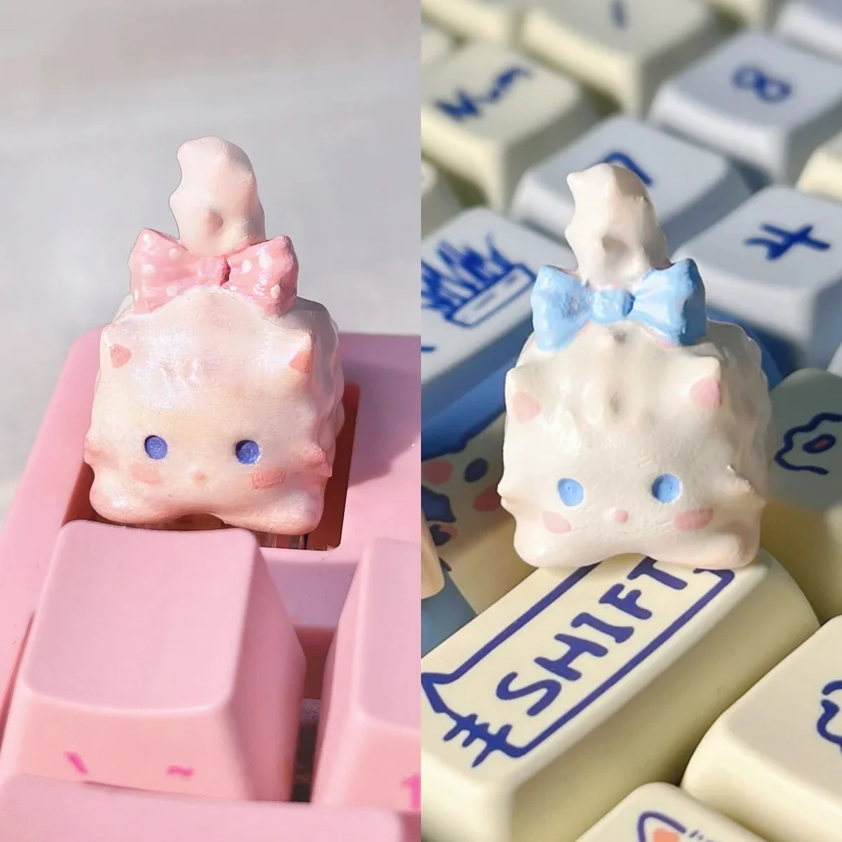 Whimsical fluffy cat artisan keycap featuring a unique handcrafted design with intricate details and warm white tones.