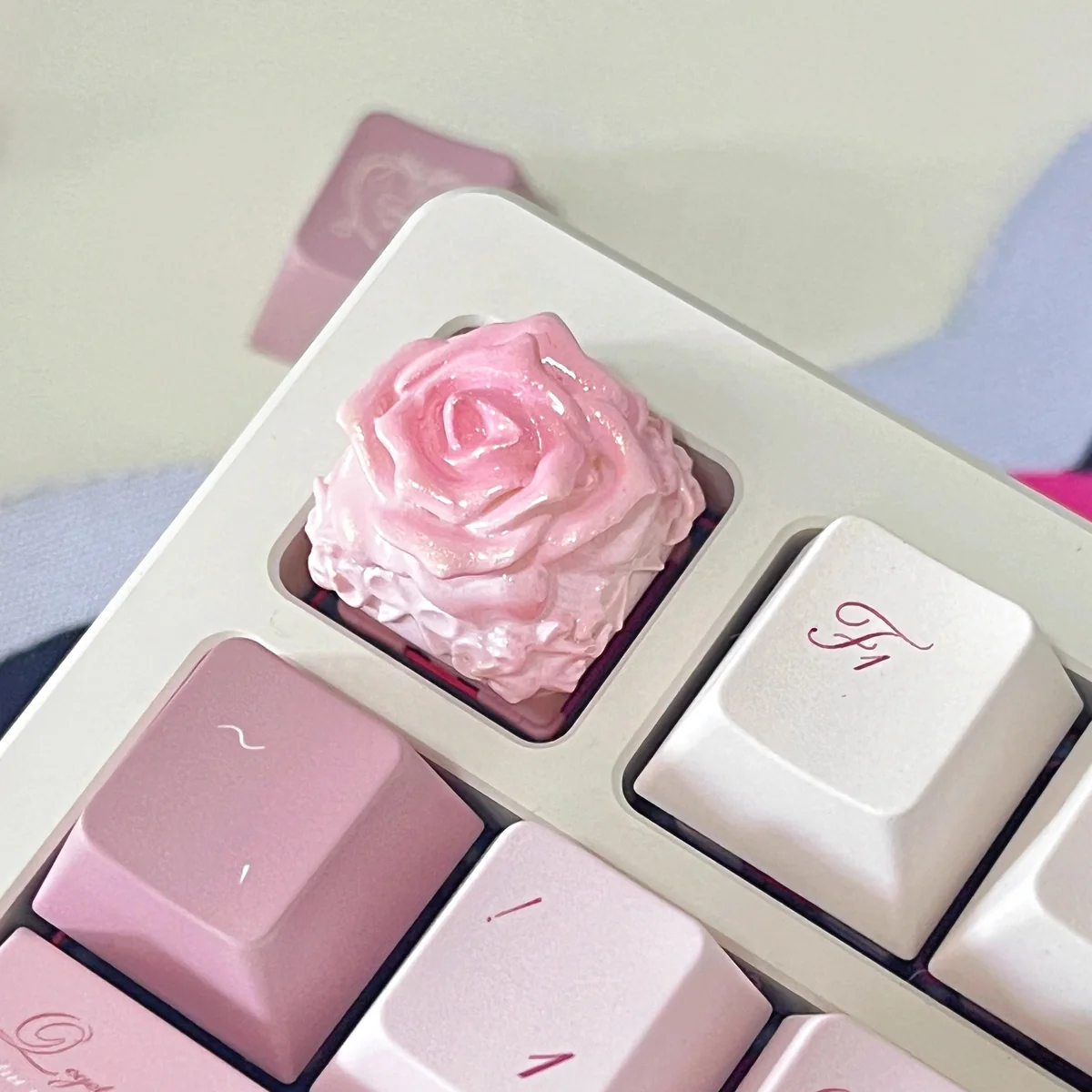 Exquisite handcrafted rose artisan keycaps, gallery view showcasing delicate resin roses in clear resin from multiple artistic angles.